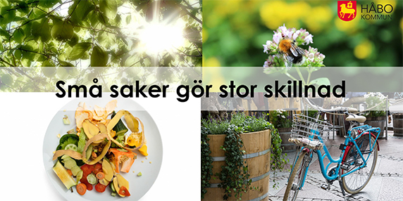 Fyra foton i ett kollage - sol genom trädgrenar, en blomma, en tallrik med mat och en cykel. Text på bilden: Små saker gör stor skillnad